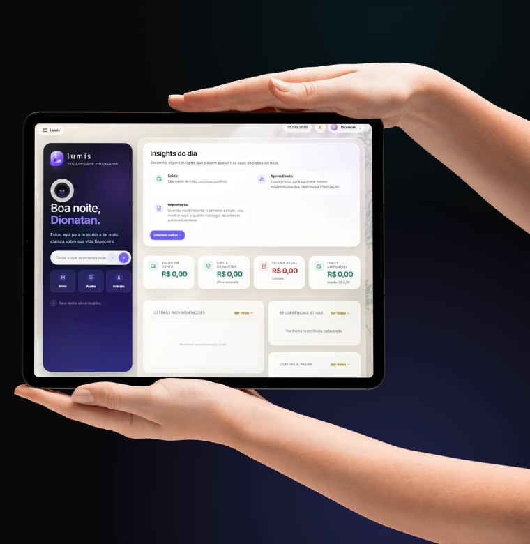 Tela do Lumis Finance apresentada em um tablet